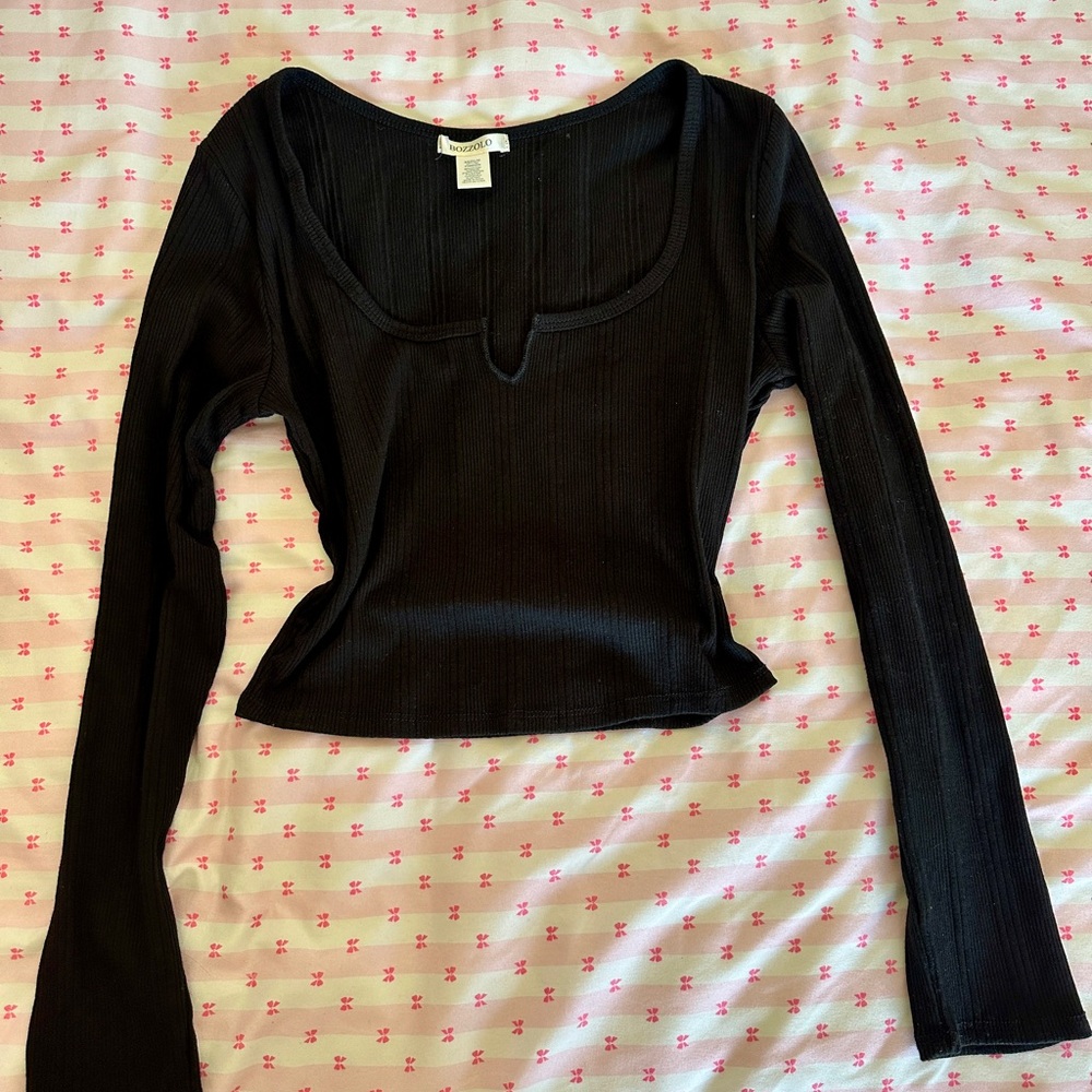 Bozzolo Black Ribbed Long Sleeve Square Neckline